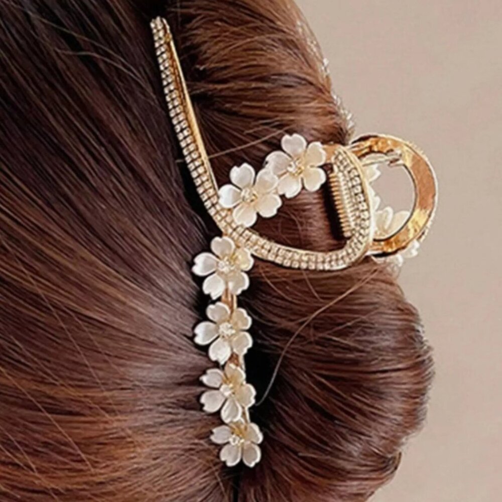 Large Metal Flower Floral Diamond Bling Elegant Hair Claw Clip Gold